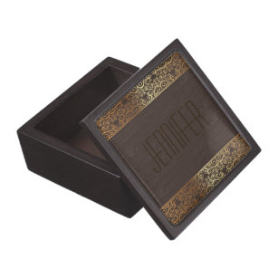 Elegant Dark Wood Grain Gold Frame-Monogram Jewellery Box