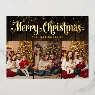 Elegant Dark Wood Merry Christmas Custom Photos Foil Holiday Postcard