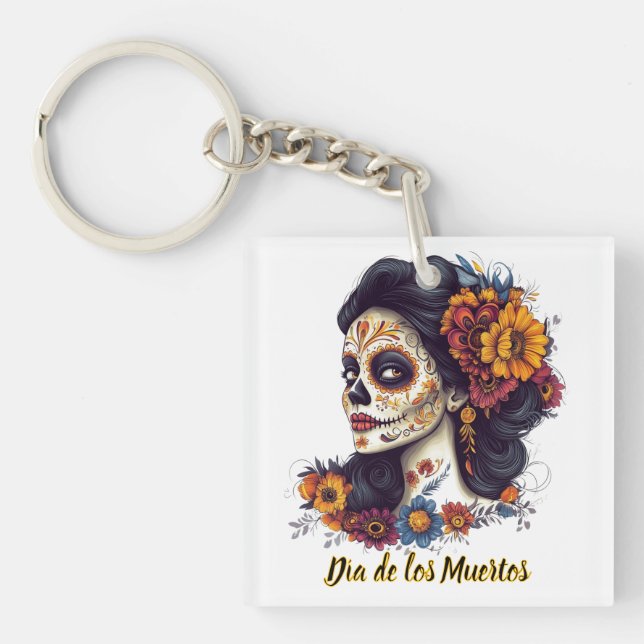 Elegant Day of the Dead Sugar Skull Woman Key Ring (Front)