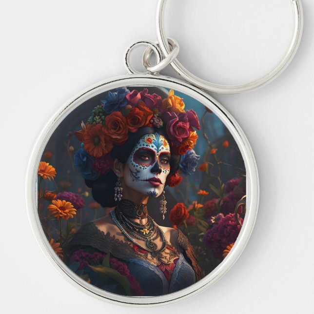 Elegant Day of the Dead Vibrant Round  Key Chain (Front)