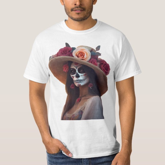 Elegant Day of the Dead Woman with Floral Hat T-Shirt (Front)