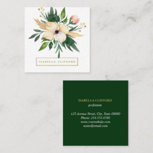 Elegant Day Spa Salon Green Flower Watercolor Square Business Card