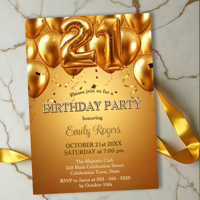 Elegant Dazzling Gold Foil Balloons 21st Birthday Invitation (Creator Uploaded)