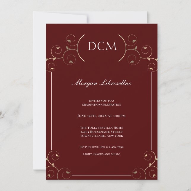 Elegant DCM Gold Burgundy Graduation Invitation (Front)