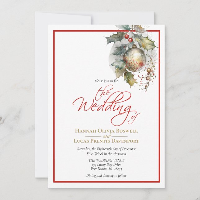 Elegant December Christmas Red Gold Wedding Invitation (Front)