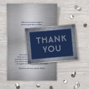 Elegant Deco Typography Navy Blue & Faux Metallic Thank You Card