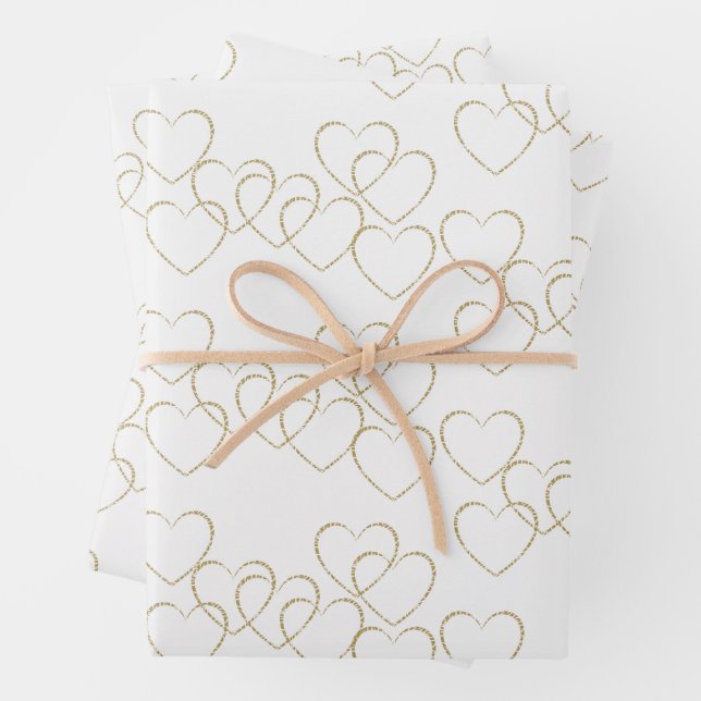 Elegant Decorative Heart Charms Gold and White Wrapping Paper Sheet (In situ)