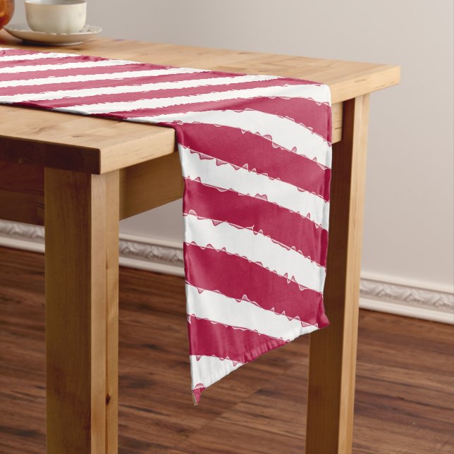 Elegant Decorative Holiday Maroon, White Stripes Long Table Runner (In Situ)