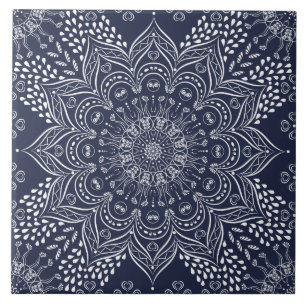 Elegant Decorative Mandala Navy Blue  Ceramic Tile