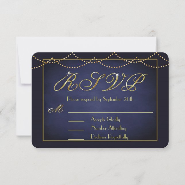 Elegant Deep Blue and Gold Glitter RSVP Cards (Front)