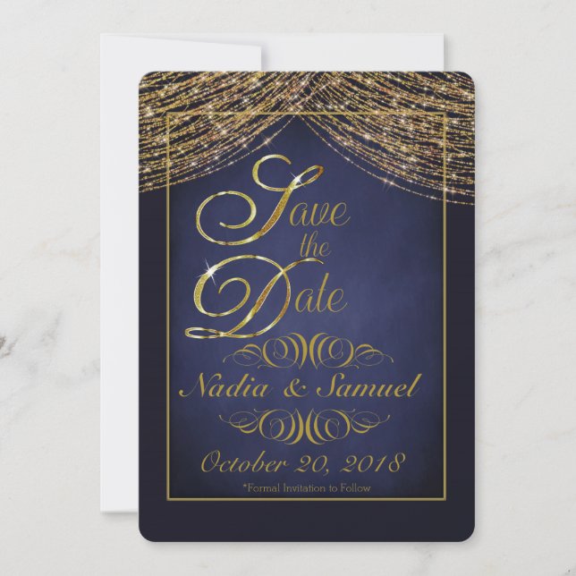 Elegant Deep Blue and Gold Glitter Save the Dates Save The Date (Front)