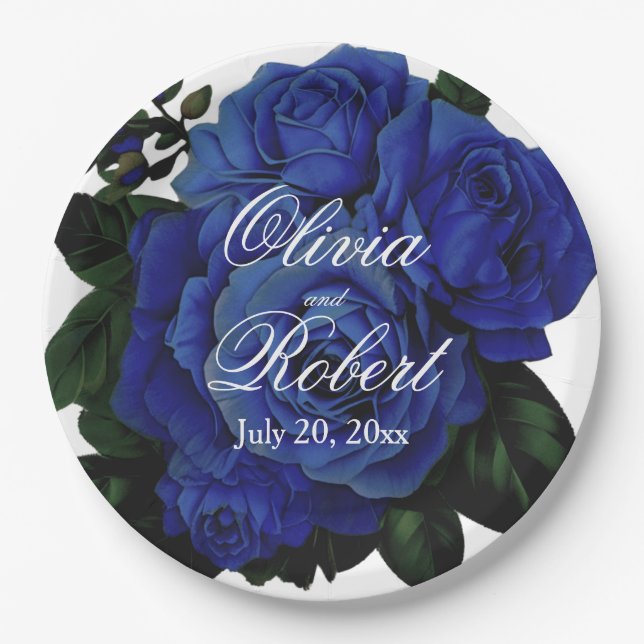 Elegant deep blue roses wedding paper plate (Front)