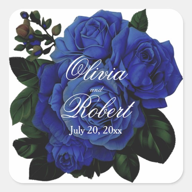 Elegant deep blue roses wedding square sticker (Front)