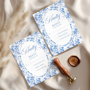Elegant Deep Blue Toile Roses Custom Wedding RSVP Card