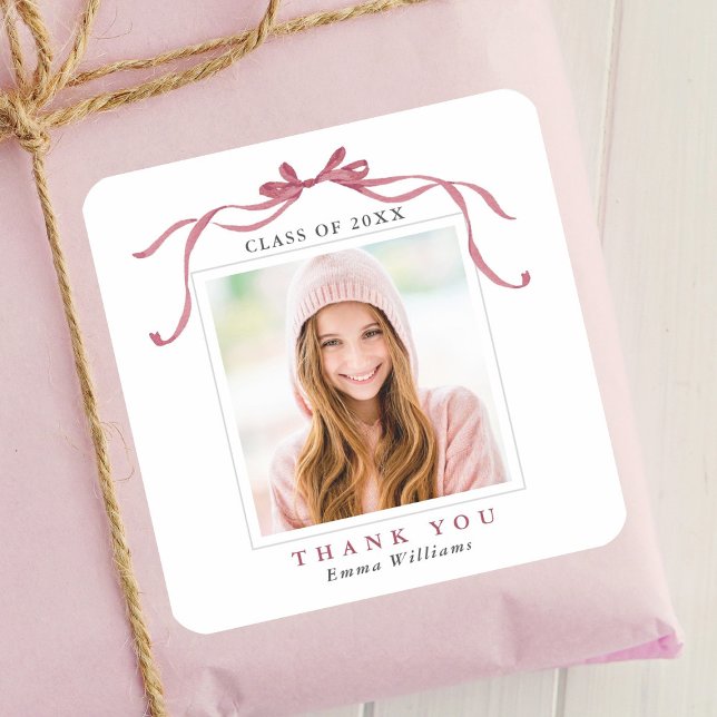 Elegant Deep Blush Bow Graduation Photo Thank You  Square Sticker (Creator Uploaded)
