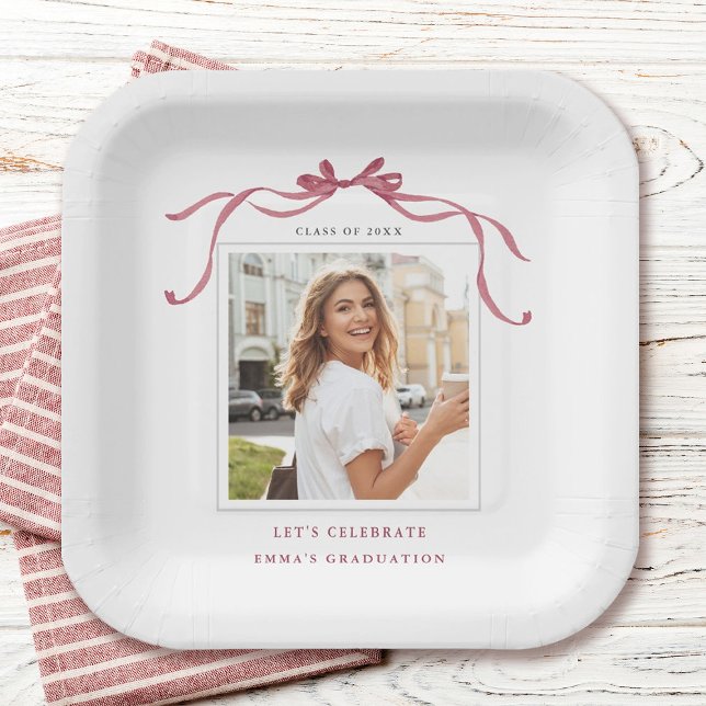 Elegant Deep Blush Ribbon Bow Graduation Photo Paper Plate (Creator Uploaded)