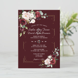 Elegant Deep Burgundy Blush Flowers Gold Wedding  Invitation