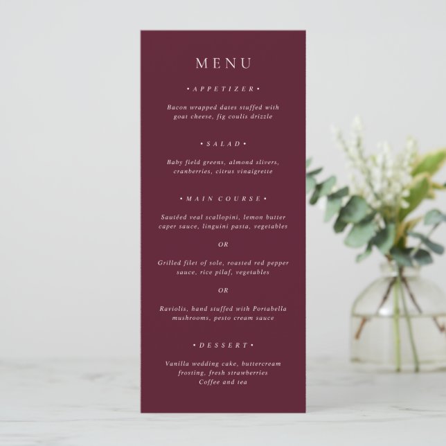 Elegant Deep Burgundy Classic Wedding Menu (Standing Front)