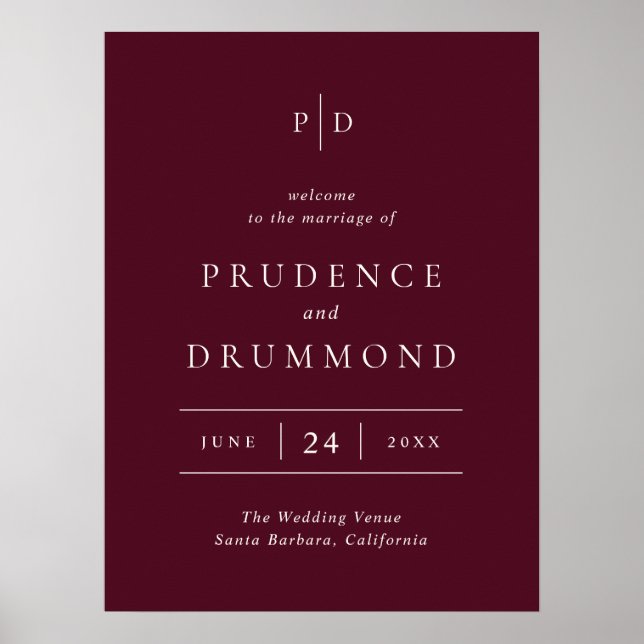 Elegant Deep Burgundy Classic Wedding Welcome Sign (Front)