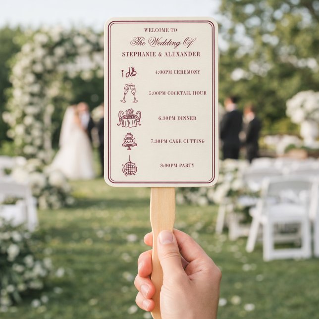 Elegant Deep Burgundy & Ivory Wedding Program  Hand Fan (Creator Uploaded)