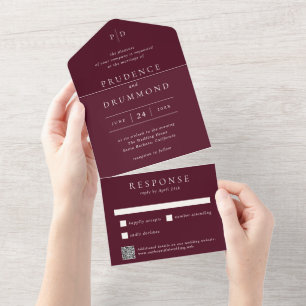Elegant Deep Burgundy QR Code Classic Wedding All In One Invitation