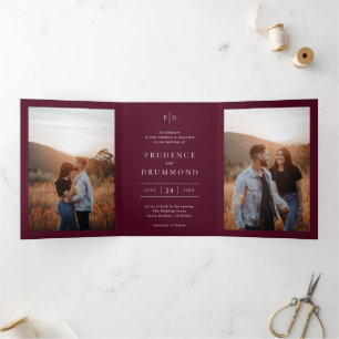 Elegant Deep Burgundy QR Code Classic Wedding Tri-Fold Invitation