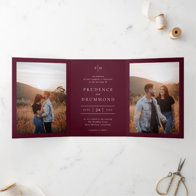 Elegant Deep Burgundy QR Code Classic Wedding Tri-Fold Invitation (Inside)