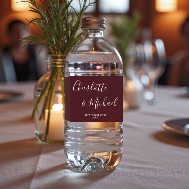 Elegant Deep Burgundy Script Minimalist Wedding Water Bottle Label (Creator Uploaded)