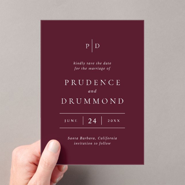 Elegant Deep Burgundy Wedding Save the Date Acrylic Invitations (Insitu (Handheld))