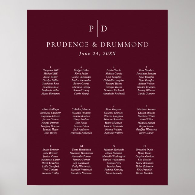 Elegant Deep Burgundy Wedding Seating Chart (Front)