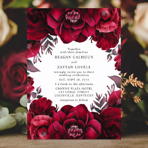 Elegant Deep Crimson Red Floral Romantic Wedding Invitation
