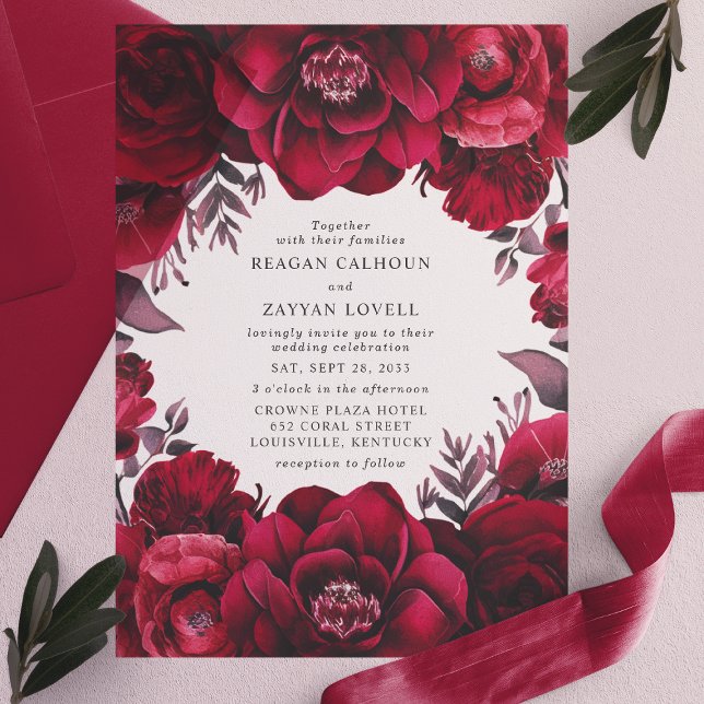 Elegant Deep Crimson Red Floral Romantic Wedding Vellum Invitations (Creator Uploaded)