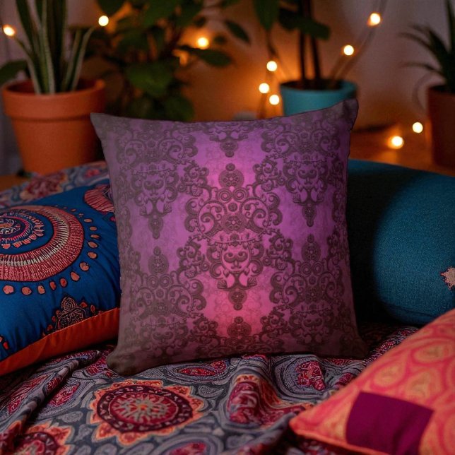 Elegant Deep Glowing Pink and Purple Damask Cushion (Creator Uploaded)