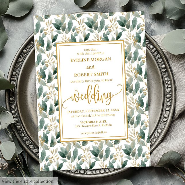 Elegant deep green gold eucalyptus wedding invites (Romantic Dark Green Gold Foliage Wedding Invitation)