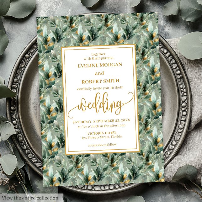 Elegant Deep Green Gold Eucalyptus Wedding Invites (Elegant Deep Green Gold Eucalyptus Wedding Invitation)