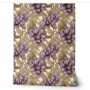 Elegant deep mauve and gold flowers summer floral wallpaper