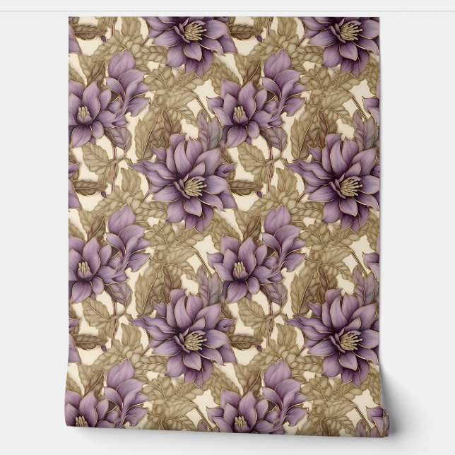 Elegant deep mauve and gold flowers summer floral wallpaper (Unrolling)