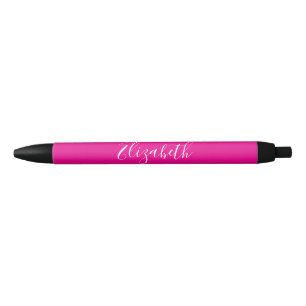 Elegant Deep Pink and White Script Text Name Black Ink Pen