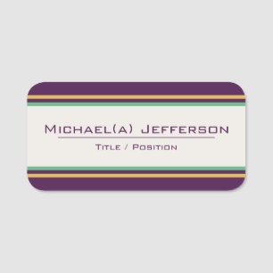 Elegant Deep Purple & Beige: Yellow, Green Stripes Name Tag