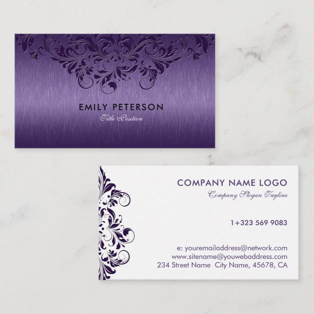 Elegant Deep Purple Floral Lace On Purple Business Card (Front/Back)