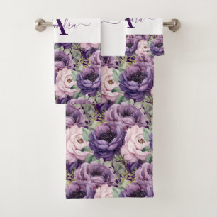 Elegant Deep Purple Floral Towel Set