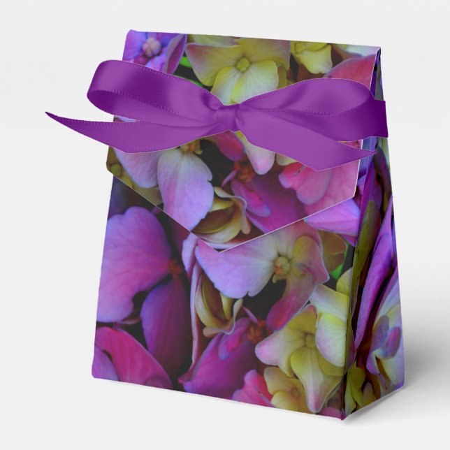 Elegant deep purple pink magenta floral hydrangeas favour box (Front Side)