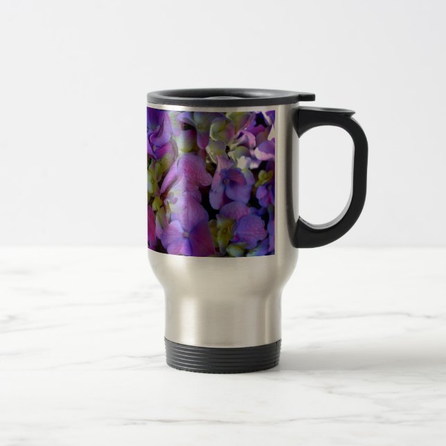 Elegant deep purple pink magenta floral hydrangeas travel mug (Right)