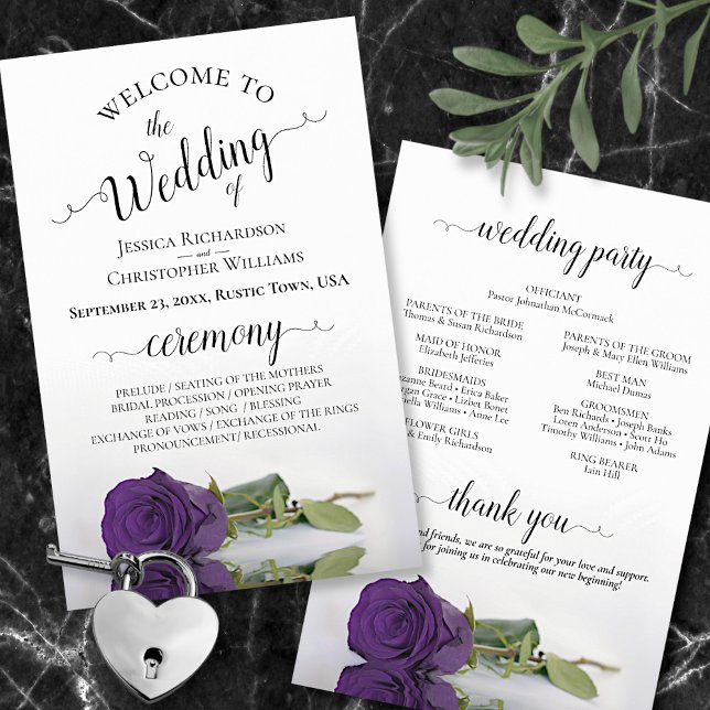 Elegant Deep Purple Rose Budget Wedding Program (Front and Back)
