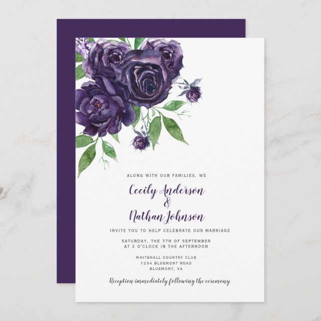 Elegant Deep Purple Roses Greenery Wedding Invitation (Front/Back)