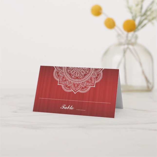 Elegant Deep Red and White Paisley Indian Wedding Place Card (Front)