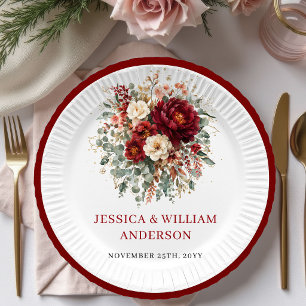 Elegant Deep Red Autumn Wedding Paper Plates