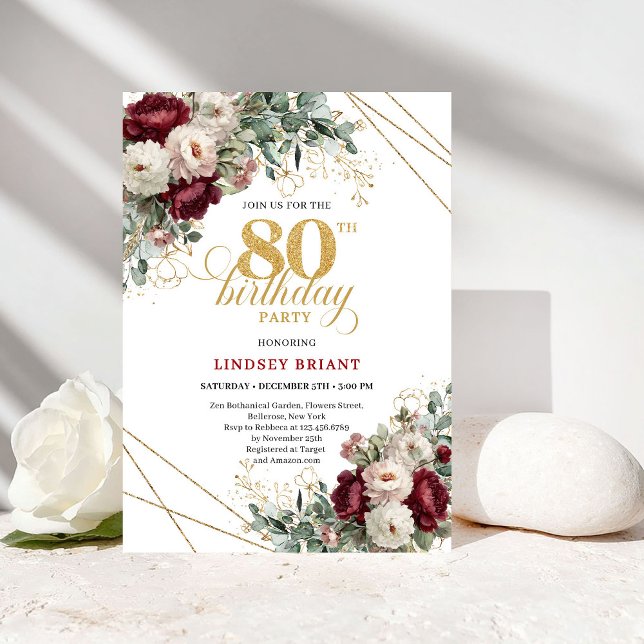 Elegant Deep Red Burgundy 80th Birthday Invitation (Elegant Deep Red Burgundy 80th Birthday)