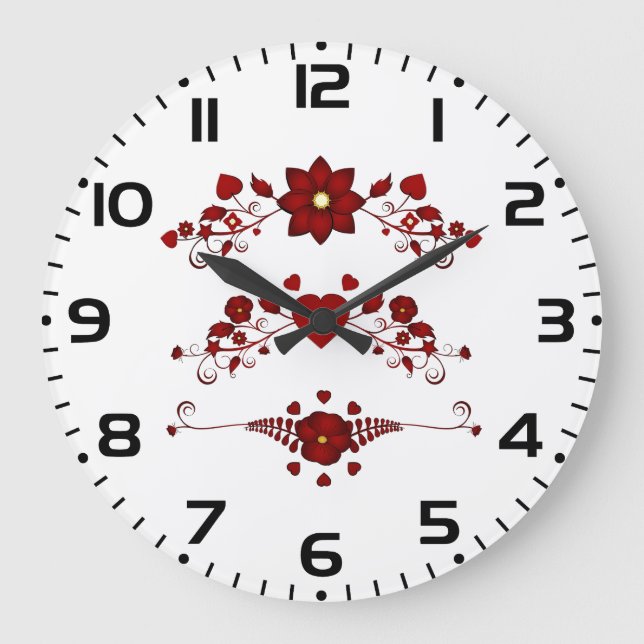 Elegant Deep Red Floral Flourish Large Clock (Front)