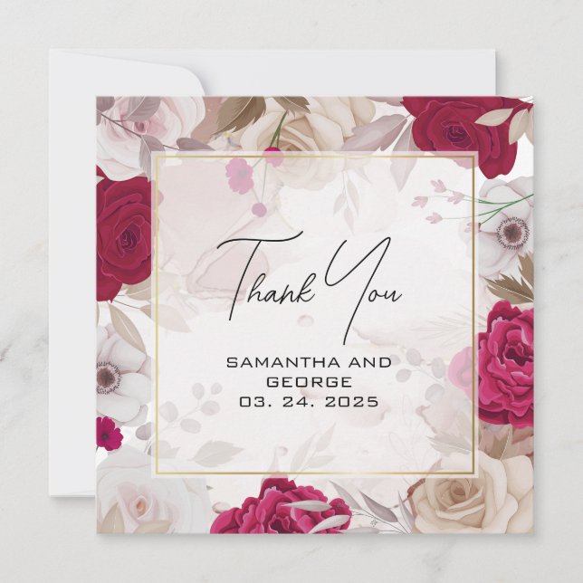 Elegant Deep Red Floral Thank You Card (Front)